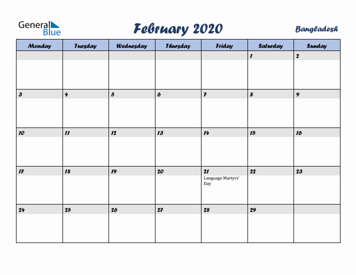 February 2020 Calendar with Holidays in Bangladesh