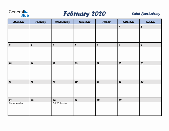 February 2020 Calendar with Holidays in Saint Barthelemy