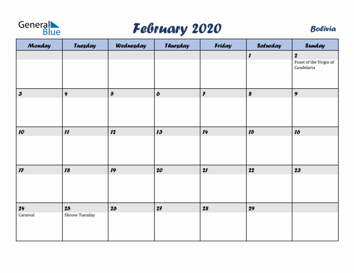 February 2020 Calendar with Holidays in Bolivia