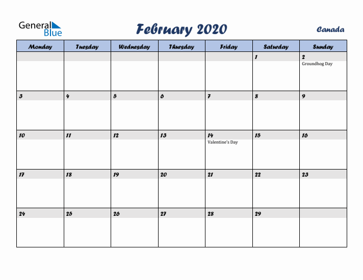 February 2020 Calendar with Holidays in Canada