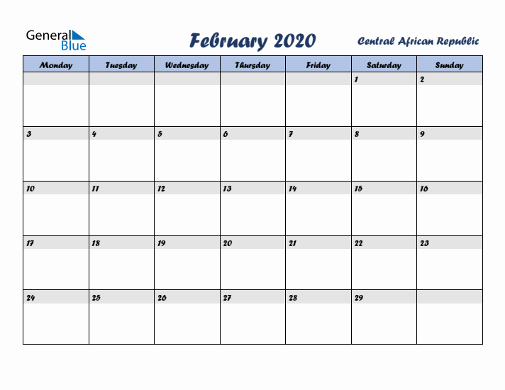 February 2020 Calendar with Holidays in Central African Republic