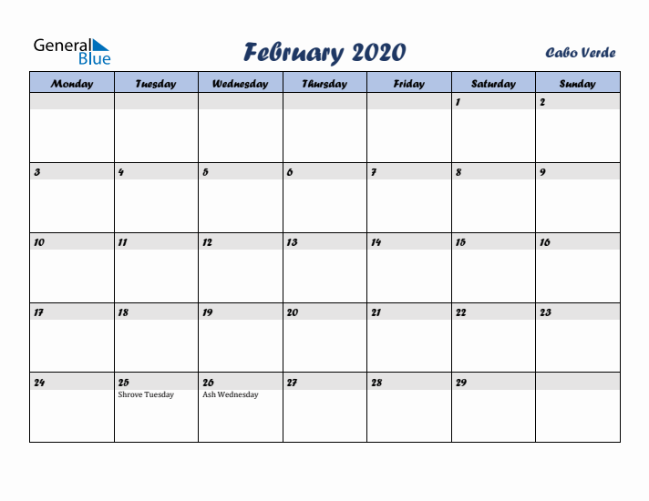 February 2020 Calendar with Holidays in Cabo Verde