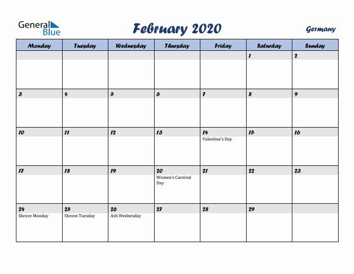 February 2020 Calendar with Holidays in Germany