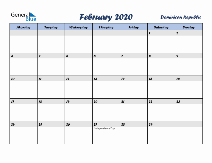 February 2020 Calendar with Holidays in Dominican Republic