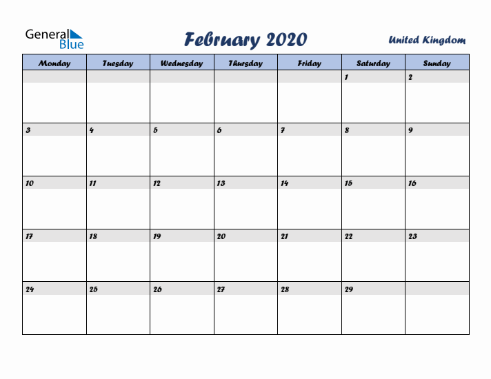 February 2020 Calendar with Holidays in United Kingdom