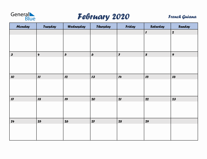 February 2020 Calendar with Holidays in French Guiana