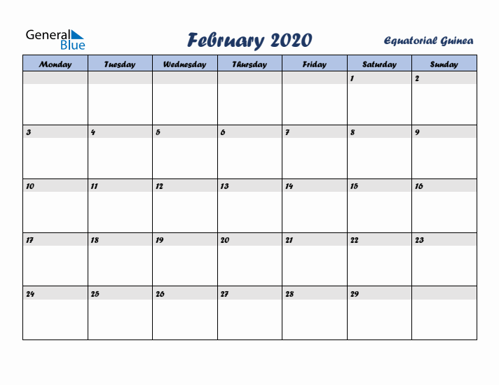 February 2020 Calendar with Holidays in Equatorial Guinea