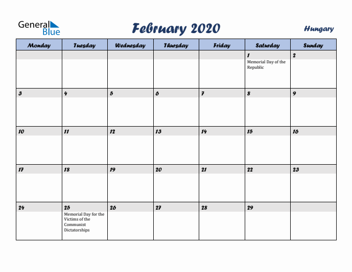 February 2020 Calendar with Holidays in Hungary
