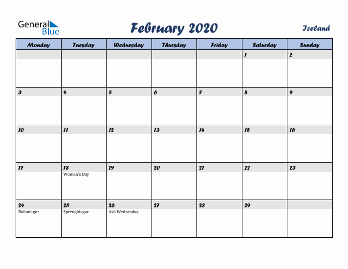 February 2020 Calendar with Holidays in Iceland