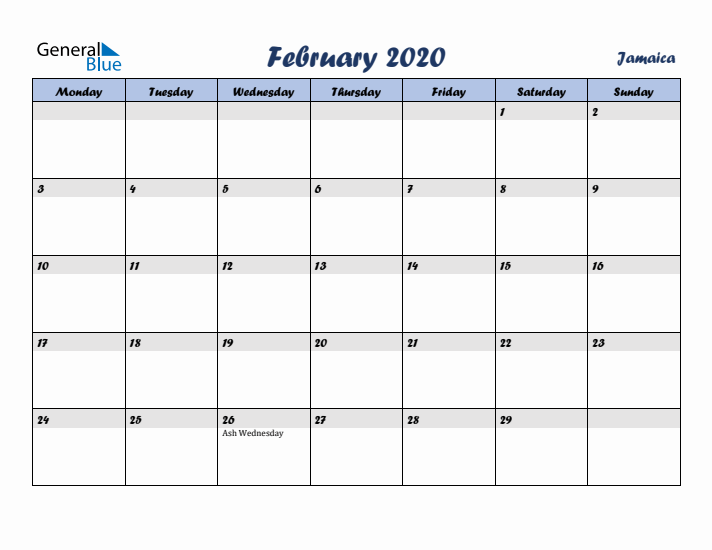February 2020 Calendar with Holidays in Jamaica