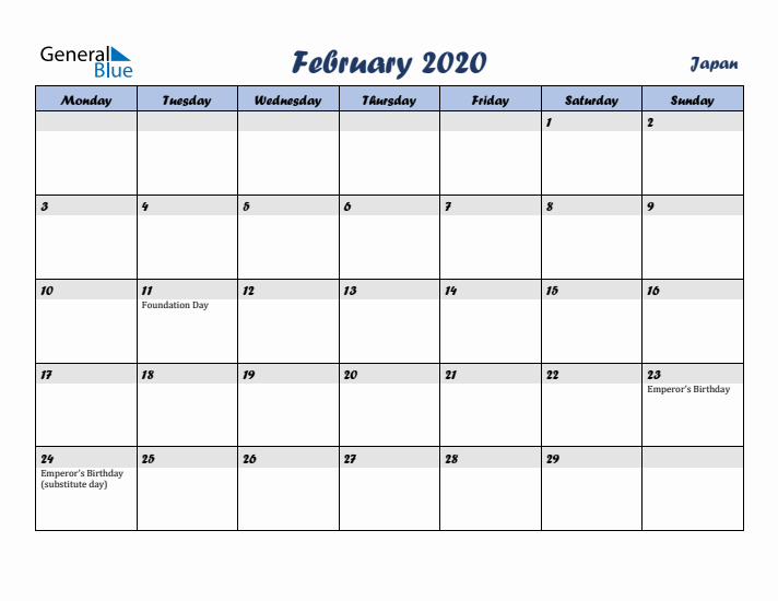 February 2020 Calendar with Holidays in Japan