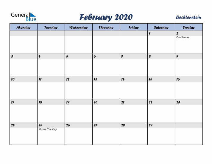February 2020 Calendar with Holidays in Liechtenstein