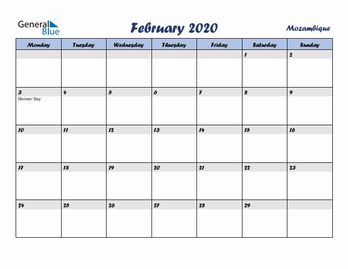 February 2020 Calendar with Holidays in Mozambique