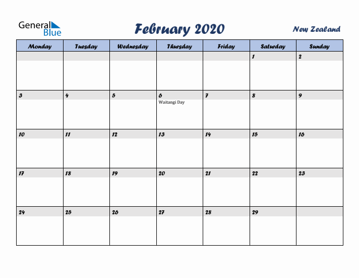 February 2020 Calendar with Holidays in New Zealand