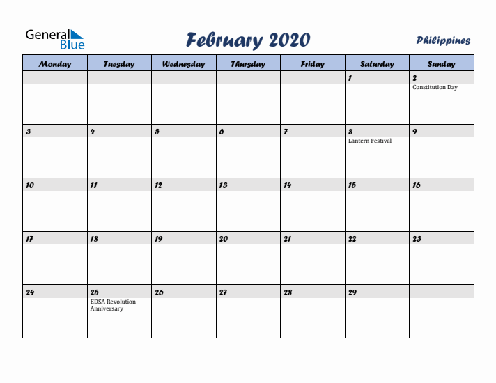 February 2020 Calendar with Holidays in Philippines