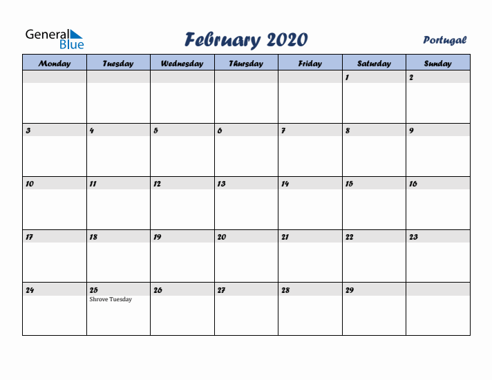 February 2020 Calendar with Holidays in Portugal