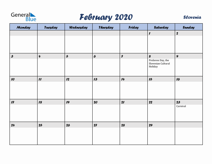 February 2020 Calendar with Holidays in Slovenia