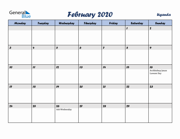 February 2020 Calendar with Holidays in Uganda