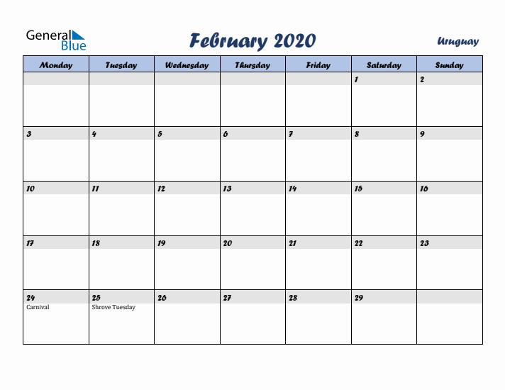 February 2020 Calendar with Holidays in Uruguay