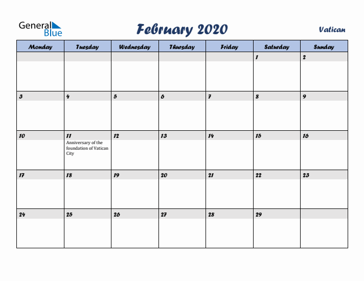 February 2020 Calendar with Holidays in Vatican