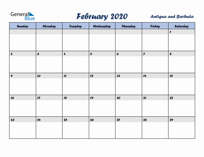 February 2020 Calendar with Holidays in Antigua and Barbuda