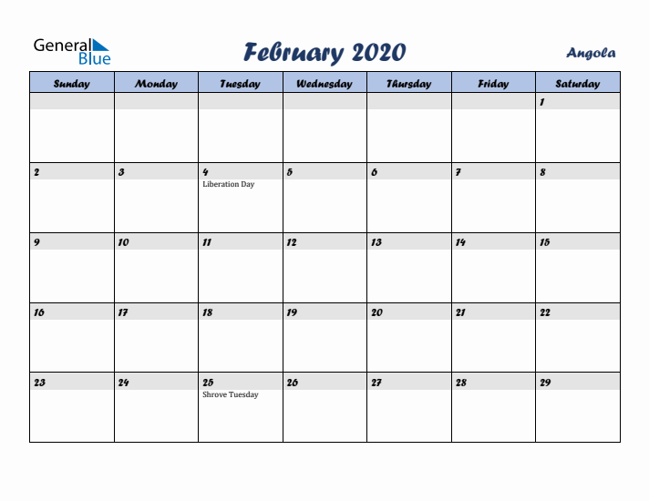 February 2020 Calendar with Holidays in Angola