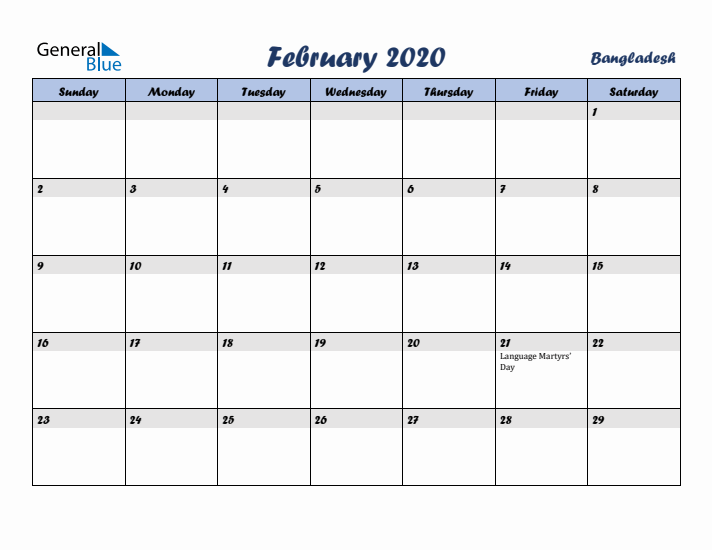 February 2020 Calendar with Holidays in Bangladesh