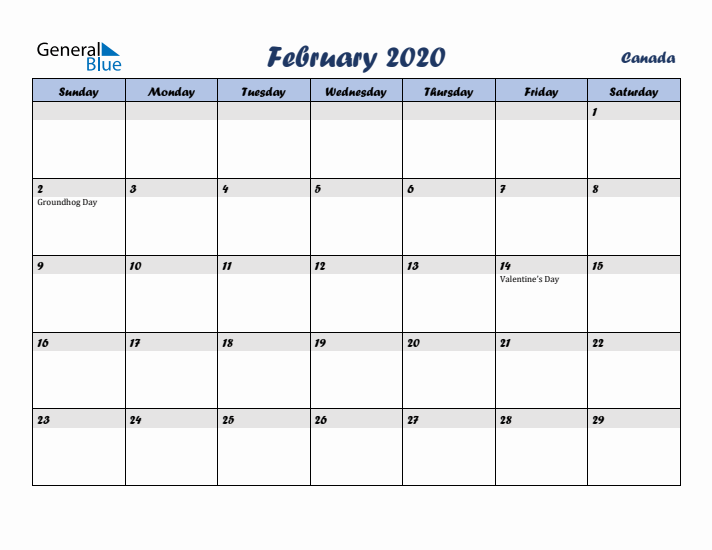 February 2020 Calendar with Holidays in Canada