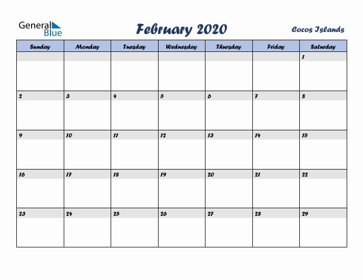 February 2020 Calendar with Holidays in Cocos Islands
