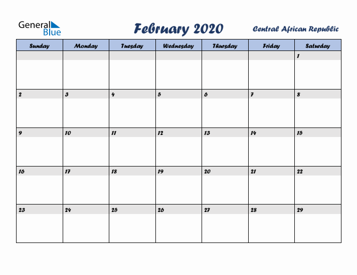 February 2020 Calendar with Holidays in Central African Republic