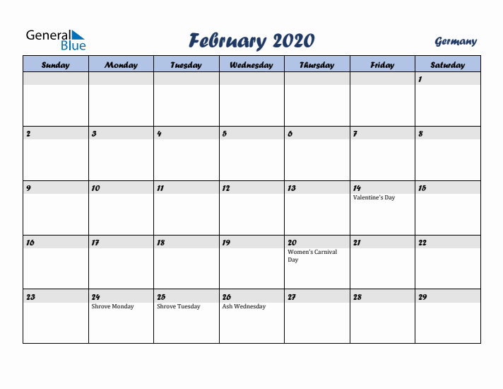February 2020 Calendar with Holidays in Germany