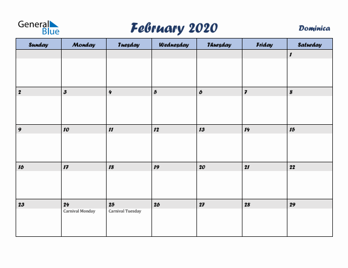 February 2020 Calendar with Holidays in Dominica