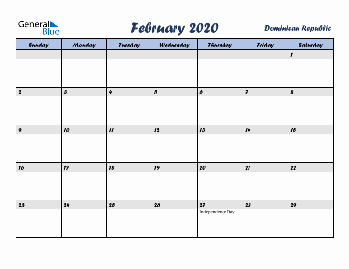 February 2020 Calendar with Holidays in Dominican Republic