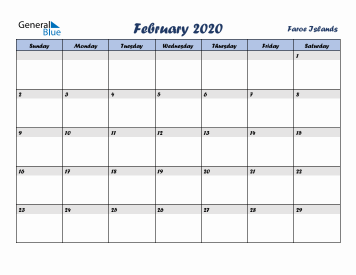 February 2020 Calendar with Holidays in Faroe Islands