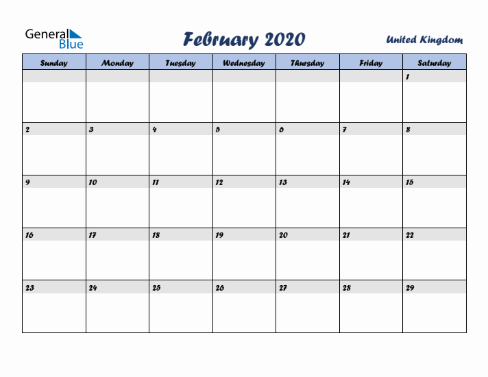 February 2020 Calendar with Holidays in United Kingdom