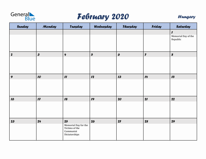 February 2020 Calendar with Holidays in Hungary