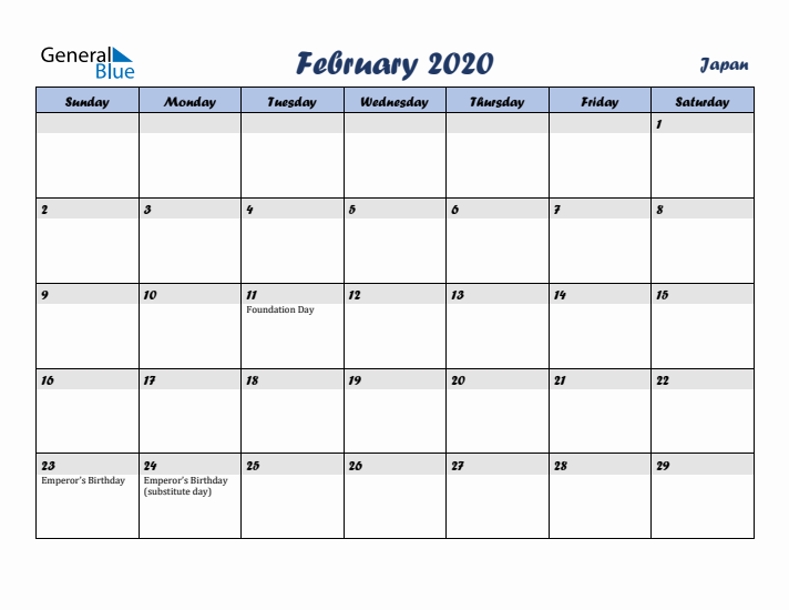 February 2020 Calendar with Holidays in Japan