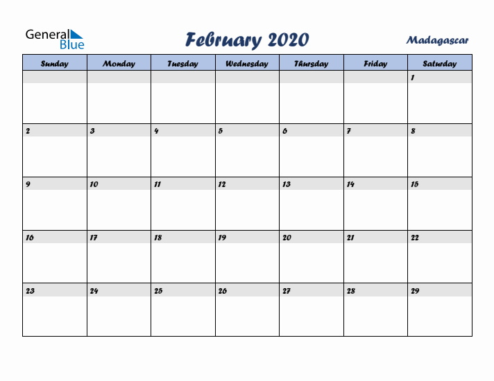 February 2020 Calendar with Holidays in Madagascar