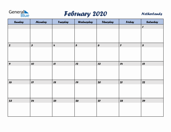 February 2020 Calendar with Holidays in The Netherlands