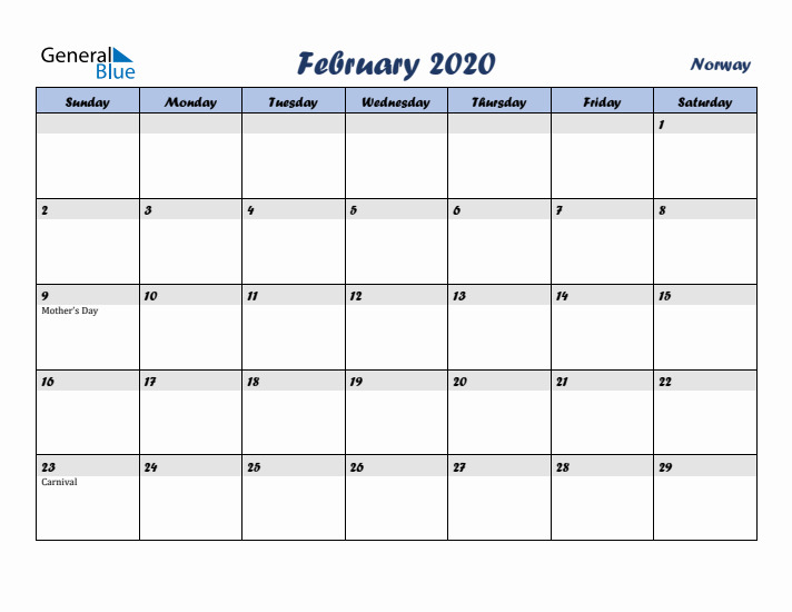 February 2020 Calendar with Holidays in Norway