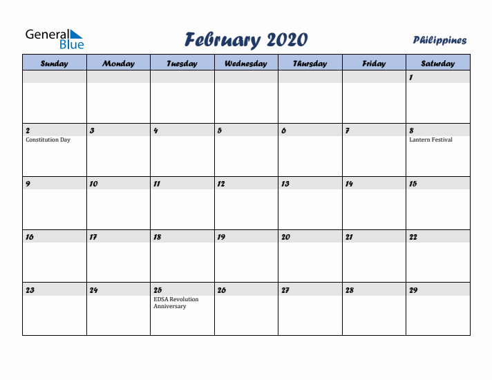 February 2020 Calendar with Holidays in Philippines