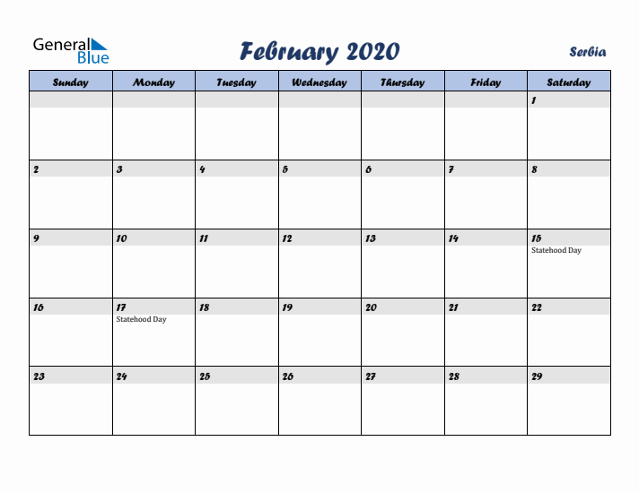 February 2020 Calendar with Holidays in Serbia