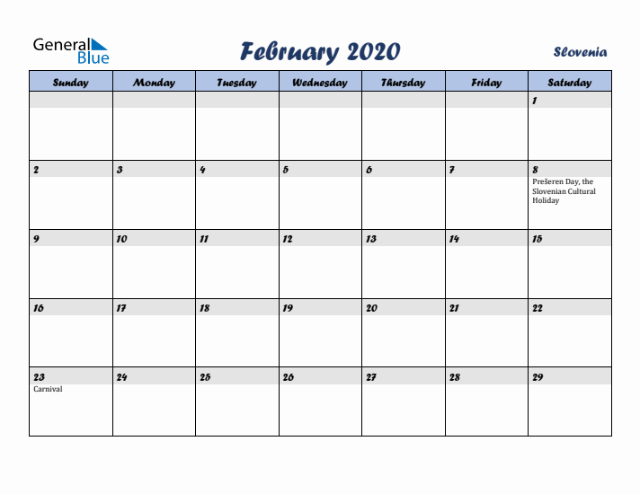February 2020 Calendar with Holidays in Slovenia