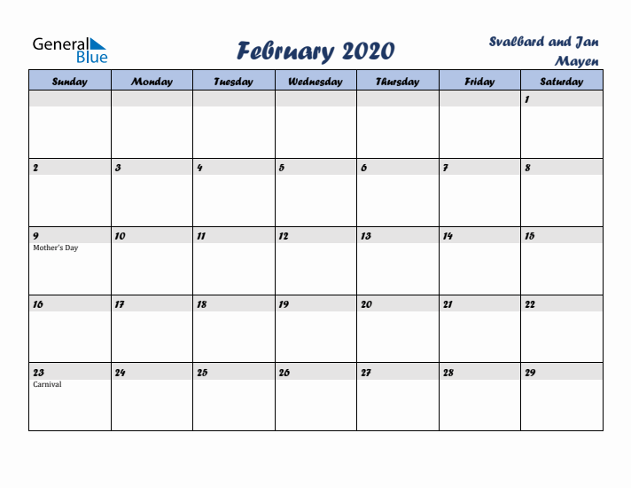 February 2020 Calendar with Holidays in Svalbard and Jan Mayen