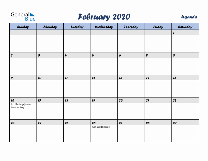 February 2020 Calendar with Holidays in Uganda