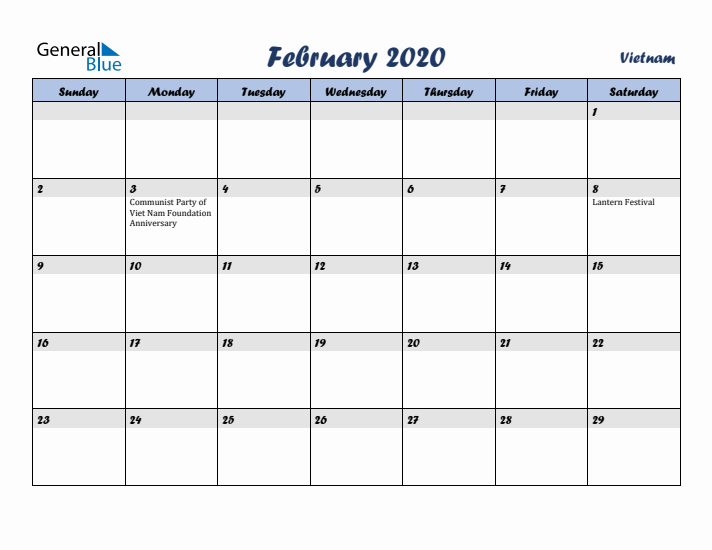 February 2020 Calendar with Holidays in Vietnam