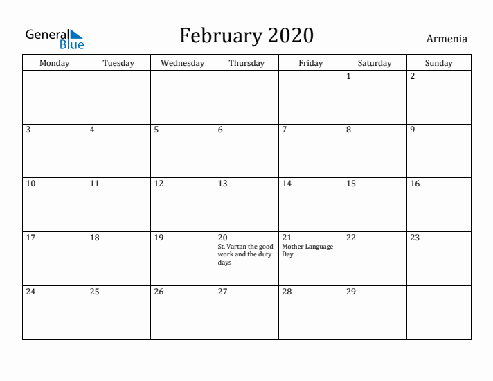 February 2020 Calendar Armenia