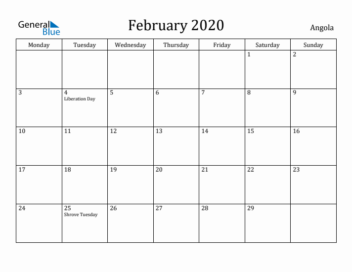 February 2020 Calendar Angola