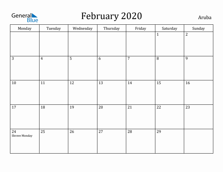 February 2020 Calendar Aruba