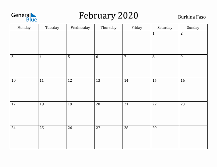 February 2020 Calendar Burkina Faso